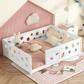Full Size Floor Bed With Slats, Solid Wood Bedframe With Heightened Safety Guardrails And Door, For Girls, Boys, Teens, Child Bedroom, Kids Playr (Color: White)