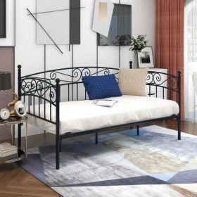 Metal Daybed Frame Multifunctional Mattress Foundation Bed Sofa With Headboard, Twin, Black (Color: Black)