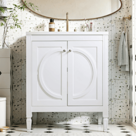 30 No Assembly Needed Vintage White Bathroom Vanity With Ceramic Sink,Two Soft Close Doors  Adjustable Shelf,Modern Farmhouse Style (Color: White)